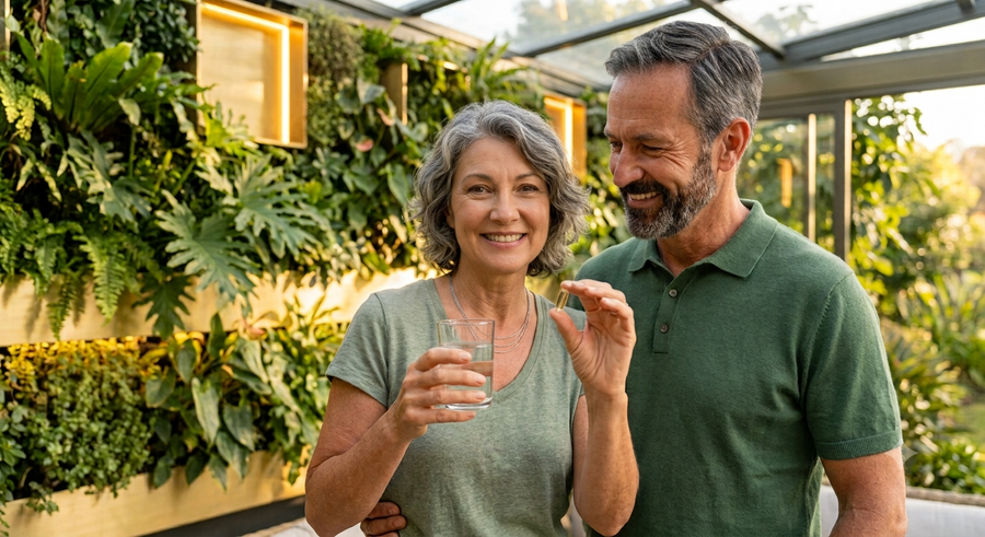 Pärchen mitte 50, vor grünem Hintergrund mit Blättern, Frau hat Wasserglas und Pille in der Hand
