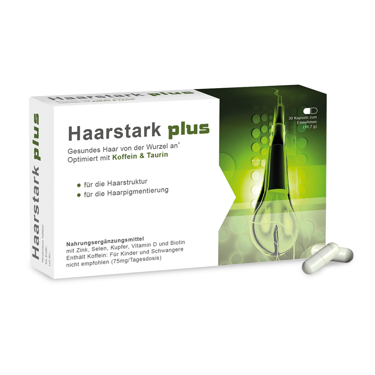 Verpackung von Haarstark plus in weiß und grün