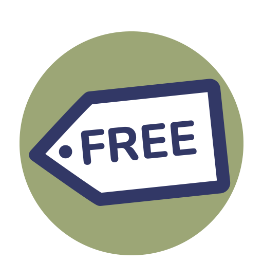 Grüner Kreis mit Label in weiß mit blauer Umrandung und den Worten "free"